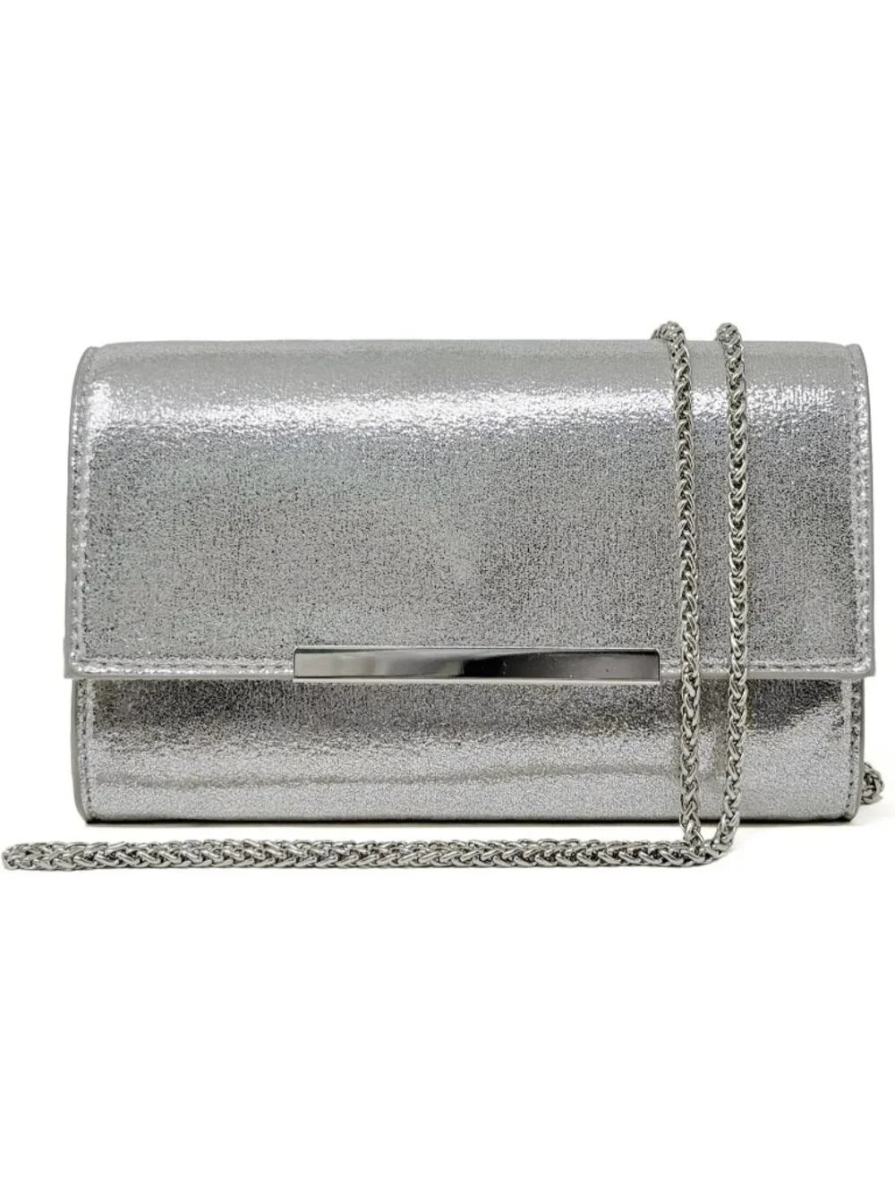 Women’s Shiny Silver Clutch Purses Wristlet Vegan Leather Formal Evening Bag